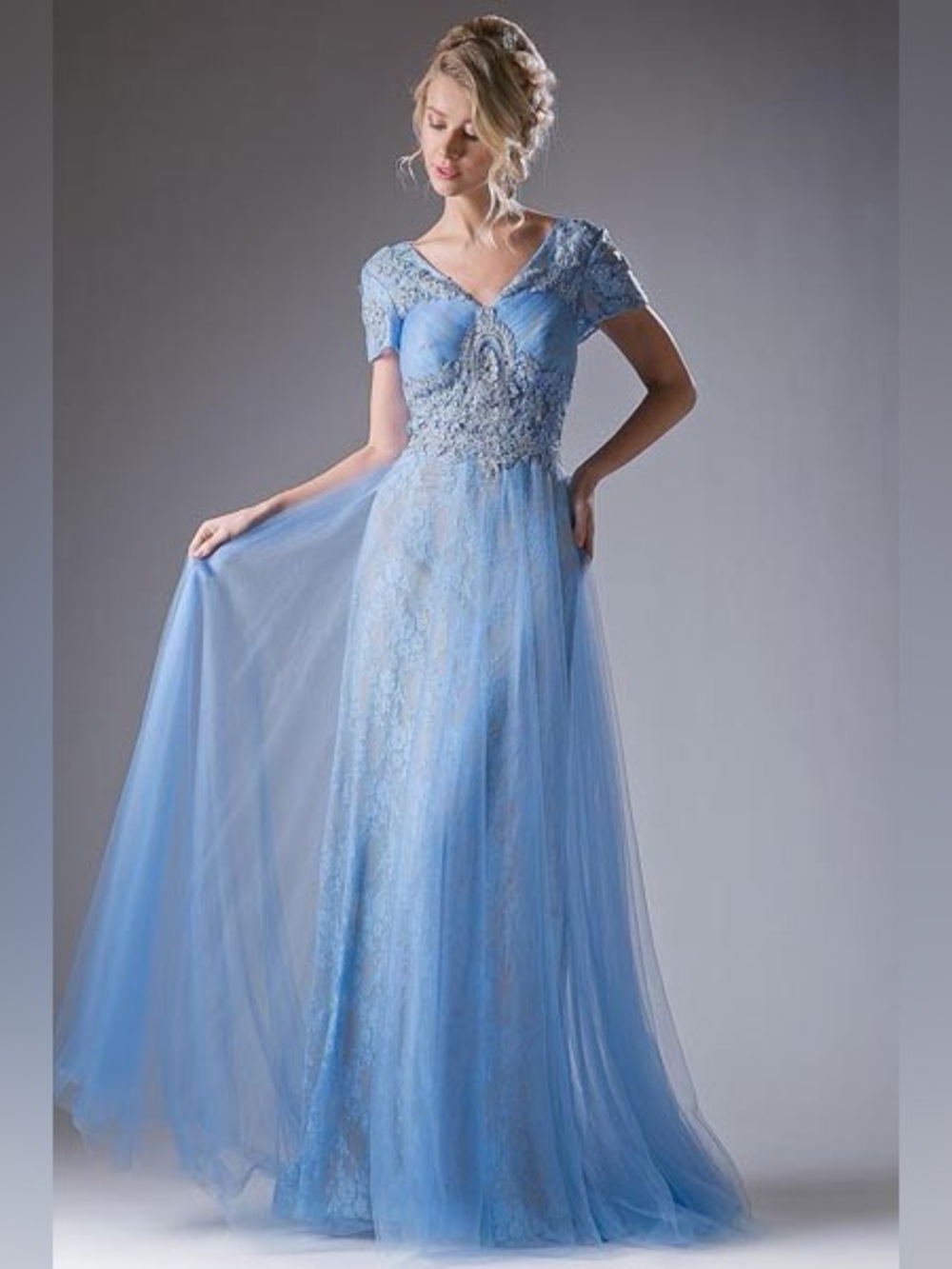 Sky Blue Embroidered Lace Maxi Dress with Short Sleeves